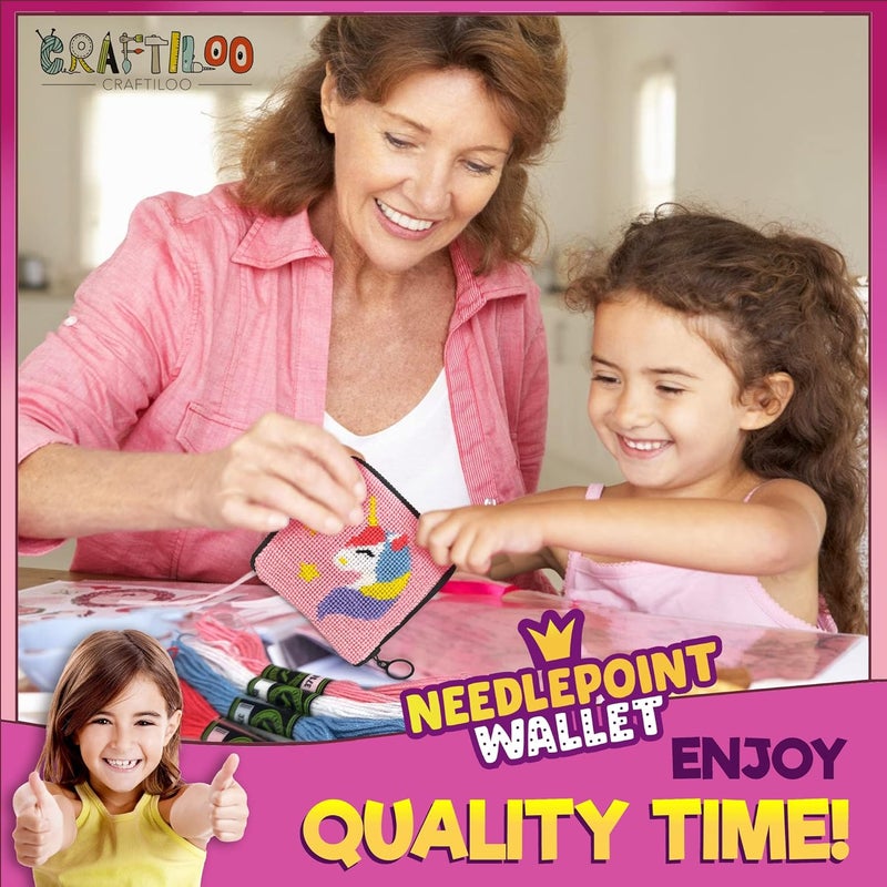 CRAFTILOO Pre Printed Needlepoint Wallet Kit for Kids Embroidery Arts and Crafts Set Cross Stitch Sewing Latch Hook Kit (Unicorn) - Image 5